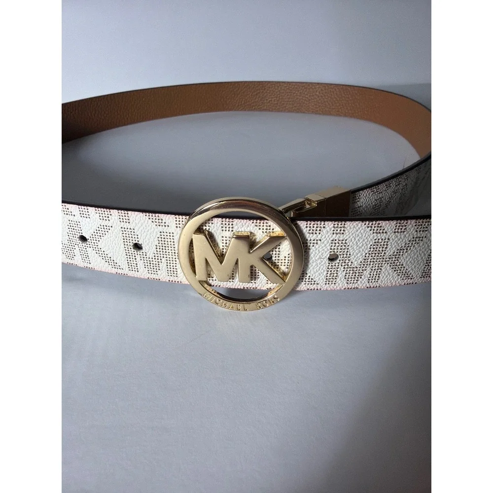 Michael Kors Reversible Belt Vanilla White MK Logo Acorn Brown Gold Buckle L